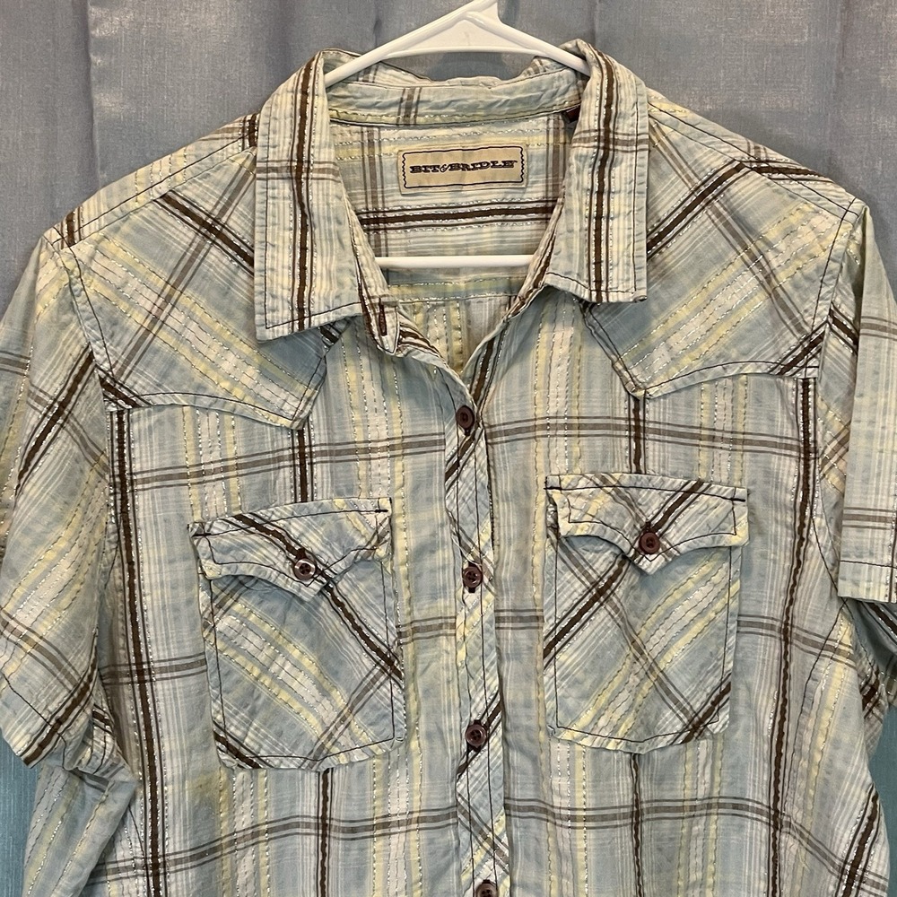 Bit & Bridle Women's Shirt XXL Blue Silver Plaid Front Pockets Button Up Short